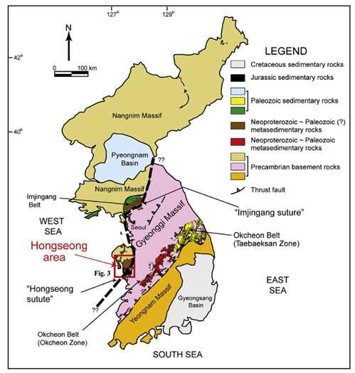 Simplified geological map of the Korean peninsula after the 1:1,000,000 Geological Map of Korea (KIGAM, 1995), including the “Korean collision belt”