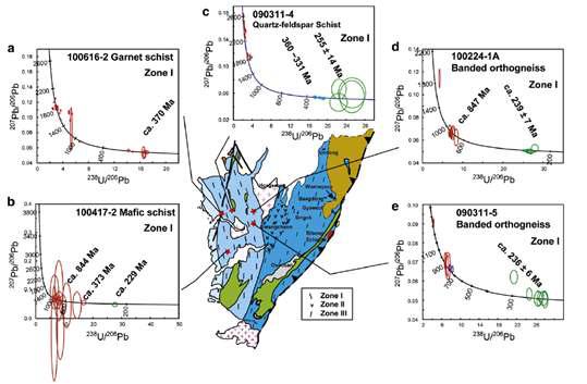 Sample locations and concordia plots of SHRIMP U–Pb isotopic