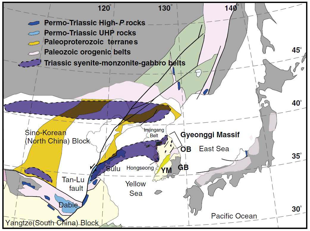 Tectonic map of Northeast Asia showing the distribution of Triassic syenite– monzonite– gabbro series in and around the North China Block and South Korea. OB, Okcheon belt;YM, Yeongnam massif; GB, Gyeongsang basin.