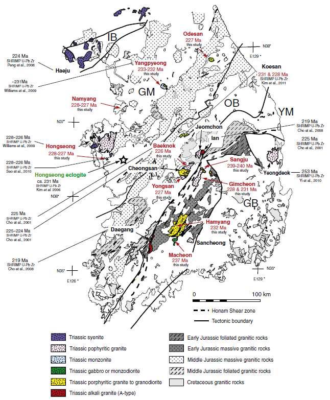 Distribution of Permo– Triassic plutons in South Korea. IB, Imjingang belt; GM, Gyeonggi massif; OB, Okcheon belt; YM, Yeongnam massif; GB, Gyeongsang basin. SHRIMP zircon U– Pb zircon ages for Permo– Triassic plutons were obtained from the following sources: Cho et al. (2001, 2008); Lee et al. (2007); Peng et al. (2008); Williams et al. (2009); Choi et al. (2009); Seo et al. (2010); Yi et al. (2010) this study. IB, Imjingang belt; GM, Gyeonggi massif.