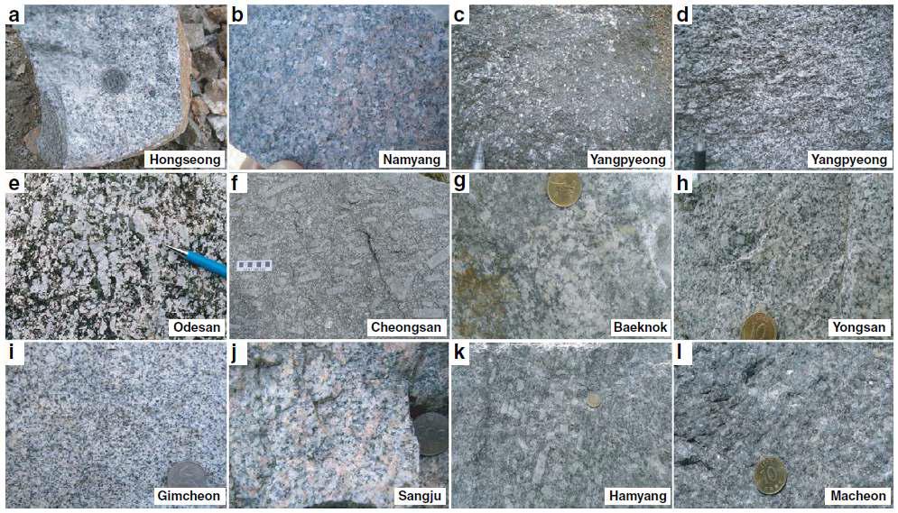 Outcrop photographs showing Middle Triassic plutons in the Gyeonggi massif (Hongseong, Namyang, Yangpyeong and Odesan), the Okcheon belt (Cheongsan, Baeknok and Yongsan) and the Yeongnam massif (Gimcheon, Sangju, Hamyang and Macheon).