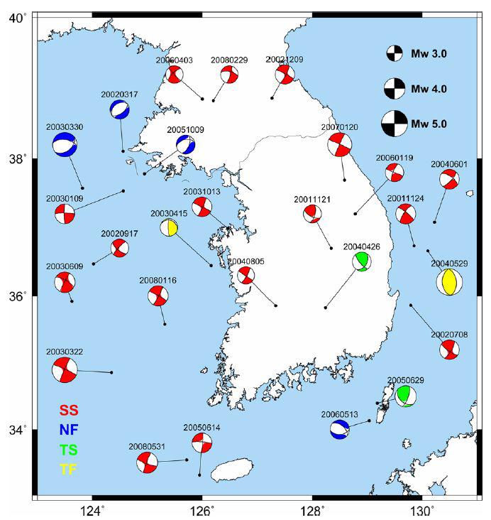 한반도 및 주변 해역에서 발생하는 지진에 대한 모멘트 텐서해.