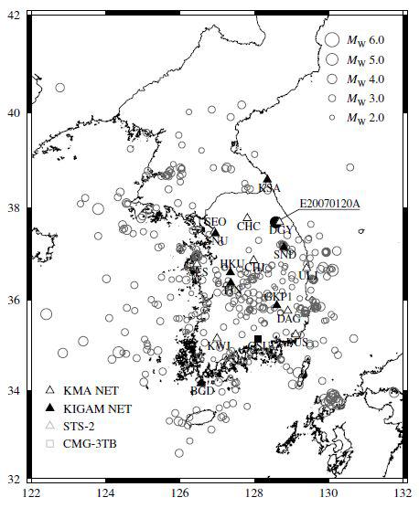 2001-2007 사이에 한반도 및 주변 지역에서 발생한 지진의 분포 및 코다파를 이용하여 계산된 Mw.