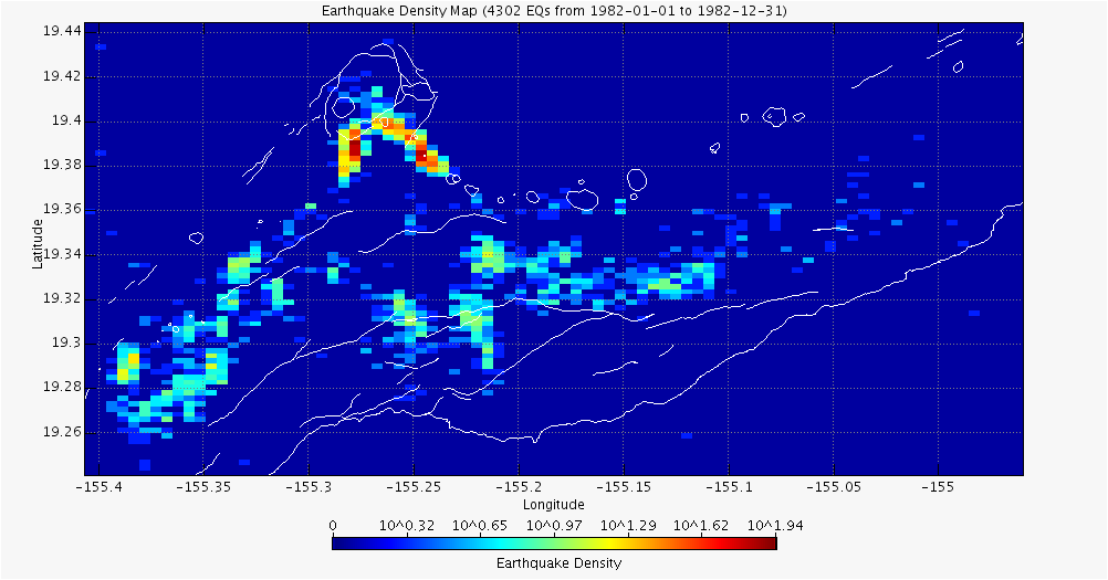 그림 III-1-15. 킬라웨아 화산의 지진 진앙 밀도도 (1982)