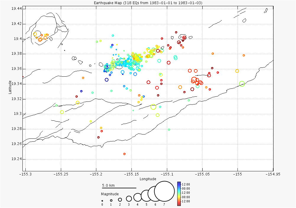 그림 III-1-16. 킬라웨아 화산의 지진의 규모와 진앙 분포 (1983.1)