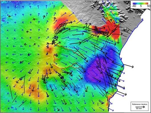 그림 I-2-8. 에트나 화산에서 GPS와 인공위성 SAR 관측 결과(2009-2010)
