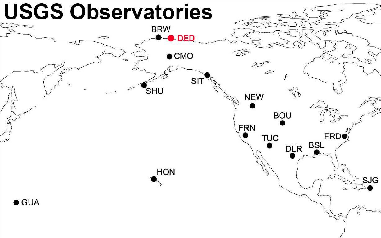 미국국립지질조사연구소(USGS)에서 운영하는 지구자기관측소 분포현황