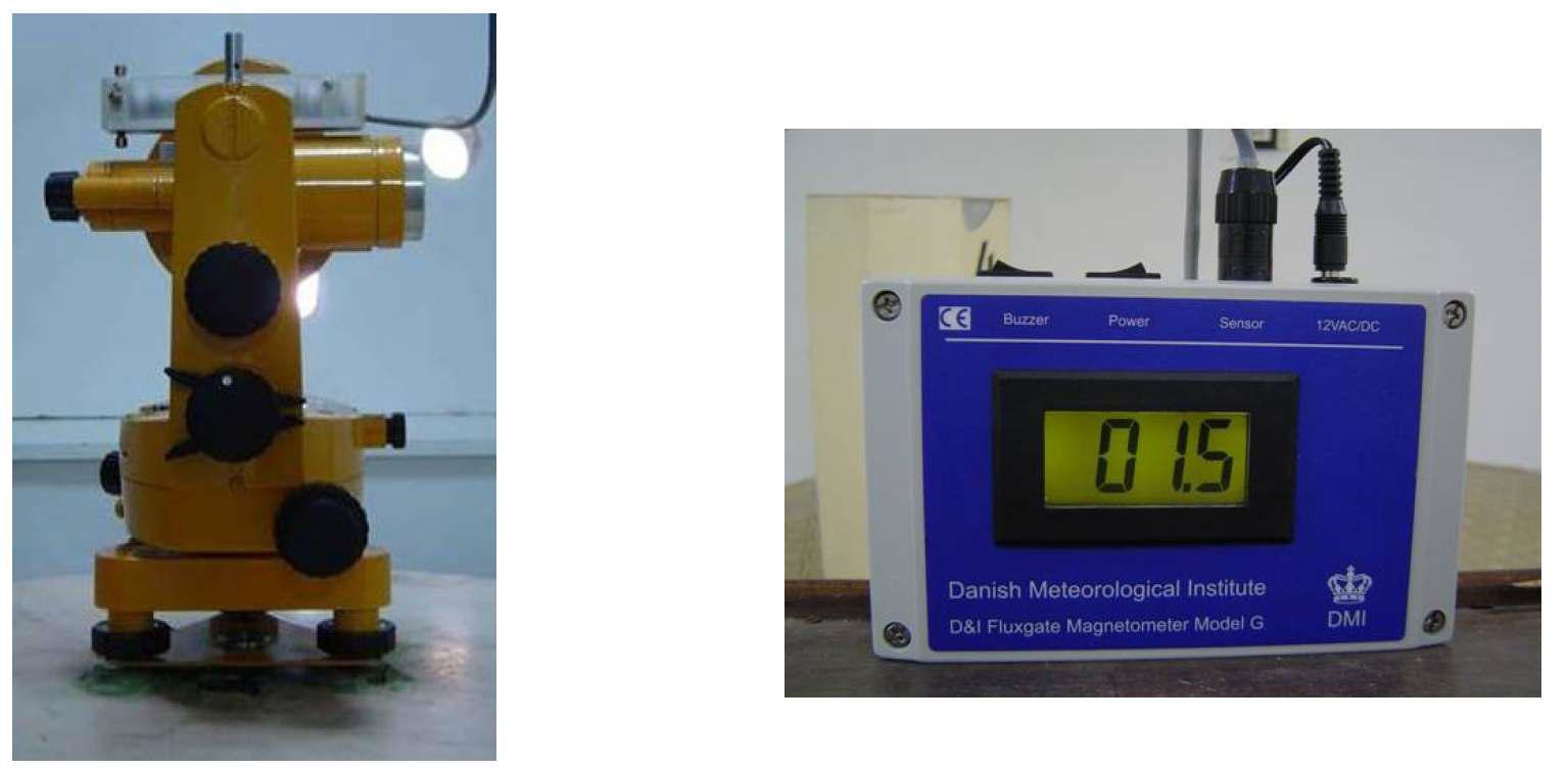 비자성 경위계(MinGeo 010A) 및 fluxgate 자기장 측정기(DMI, G).