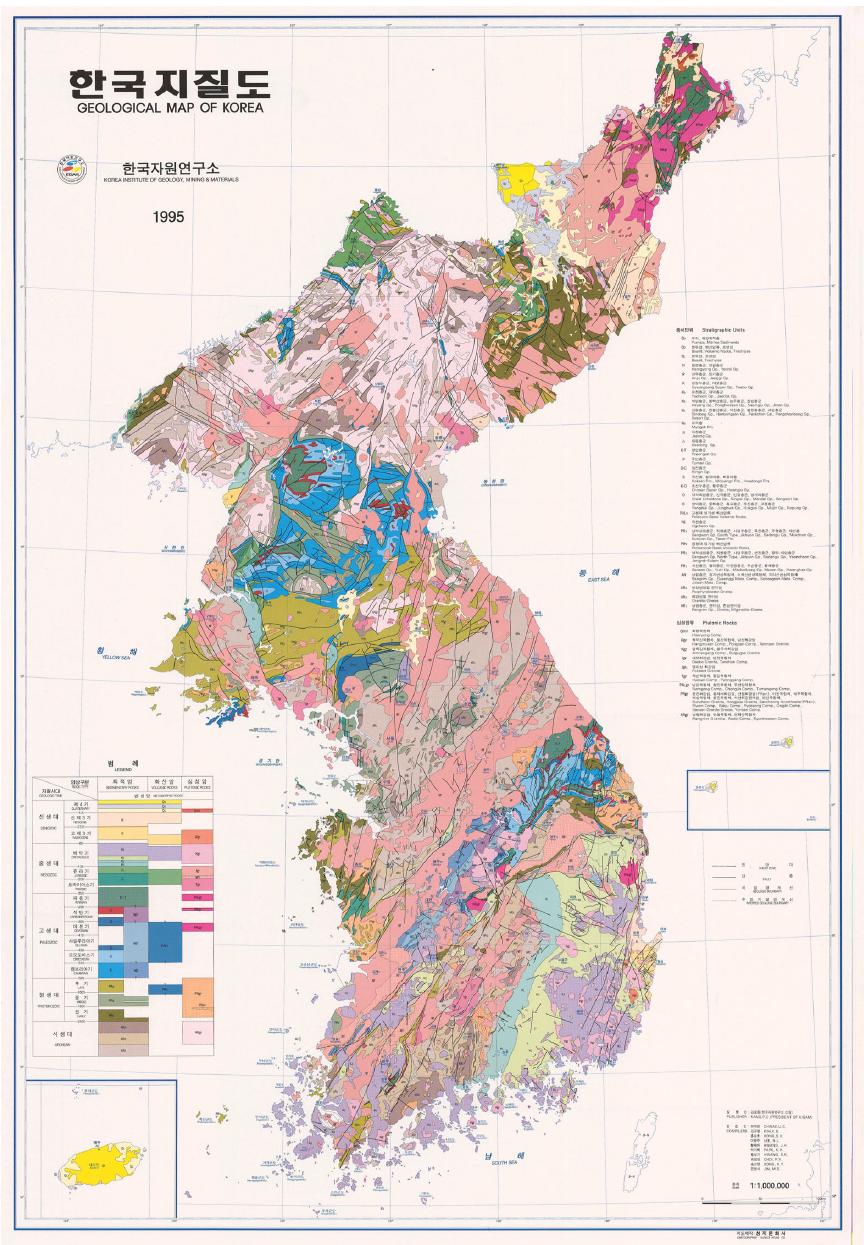 Geologic map of Korea showing the distribution of major geologicunits and faults (after Korea Institute of Geology, Mining and