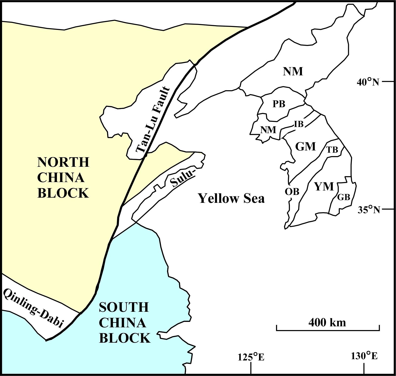 Crustal blocks and massifs of the Korean Peninsula and adjacent northeast Asia.