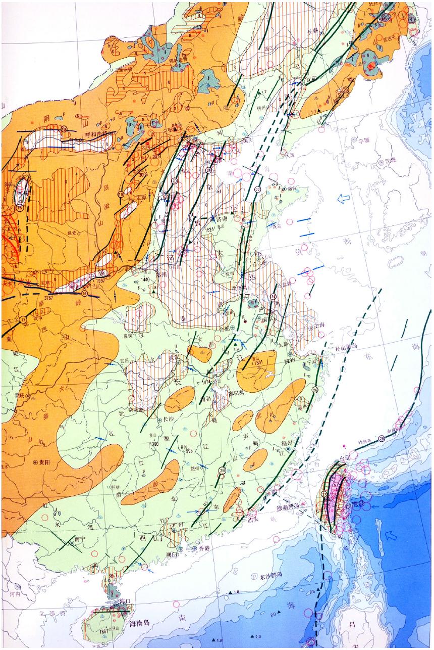 Neotectonic map of the eastern China showing NNE- and NE-trending active faults with epicenters (>6.0)