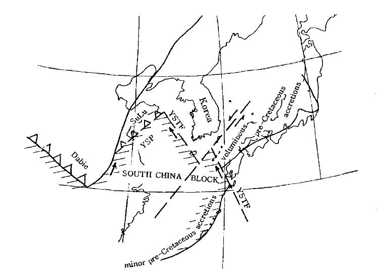 Presumed location of YSTF (Yellow Sea Transform Fault) andYSP (Yellow Sea Promontory)