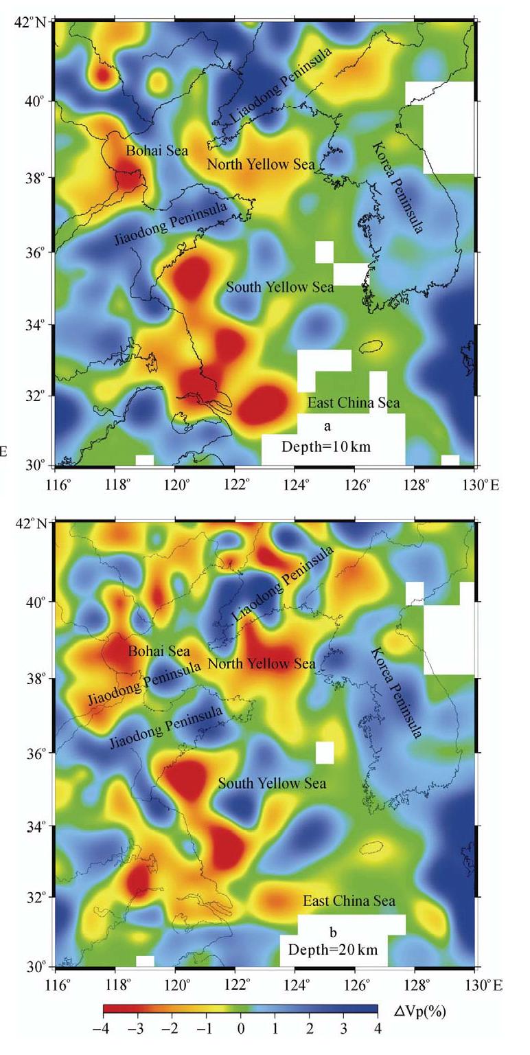 P wave velocity images at 10 (a) and 20 (b) km depths in Yellow Sea and adjacent regions