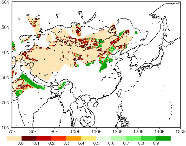 Fig. 2. The horizontal distribution of 10-year (1998 to 2007) averaged the dust emission reduction factor in May.