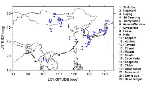 Fig. 6. The location of LIDAR monitoring sites proposed at WMO SDS-WAS Asia node