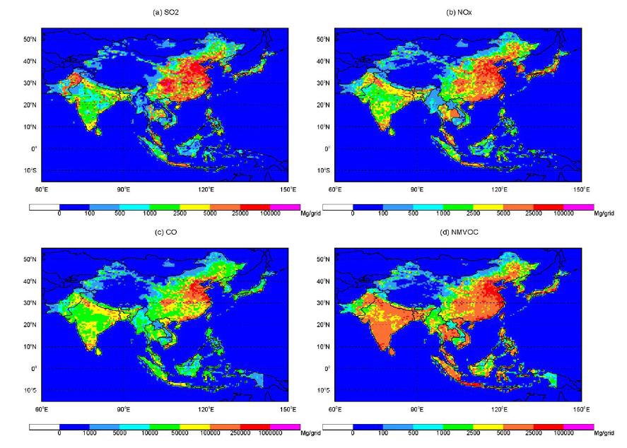 Fig. 8. Emission inventory (Mg/grid) of (a) SO2, (b) NOx, (c) CO, (d) NMVOC obtained from INTEX-B for 2006.