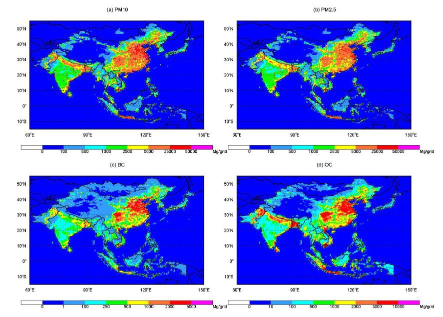 Fig. 9. Emission inventory (Mg/grid) of (a) PM10, (b) PM2.5, (c) BC, (d) OC obtained from INTEX-B