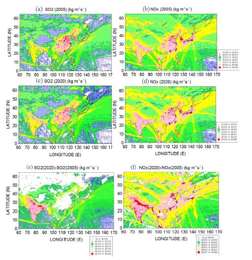 Fig. 10. The spatial distribution of emission rate (kg m-2 s-1) of (a) SO2 in 2005, (b) NOx in 2005, (c) SO2 in 2020, (d) NOx in 2020 and emission rate difference between 2020 and 2005 of (e) SO2 and (f) NOx.