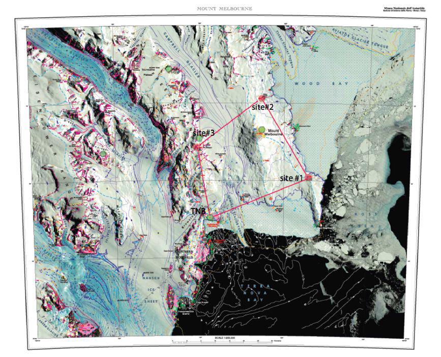 남극 장보고기지 주변에 설치된 지진계 위치 (붉은색 원). TNB는 장보고 기지가 건설될 Terra Nova Bay을 나타낸다.