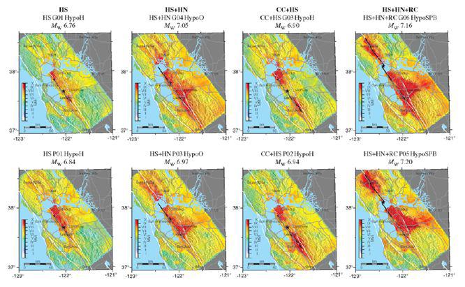 Hayward 단층상에서 예상되는 서로 다른 시나리오 지진에 대한 북캘리포니아 지역의 예상 진도 지도