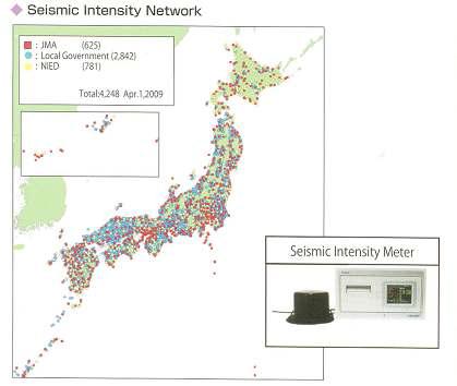 기상청(JMA), 방재과학연구소(NIED) 및 지방정부 산하의 지진-진도 관측기 분포 현황