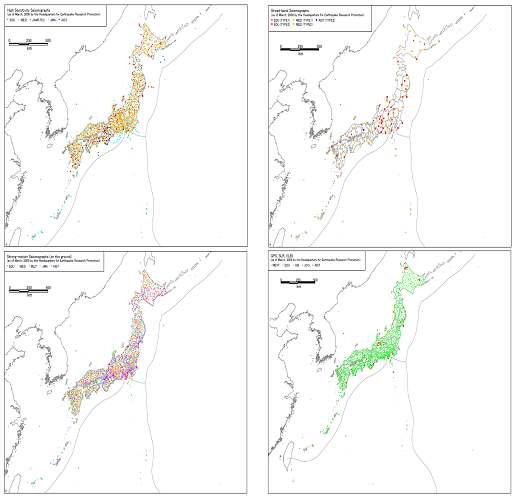 일본의 고감도, 광대역, GPS, 강진 지진계 분포