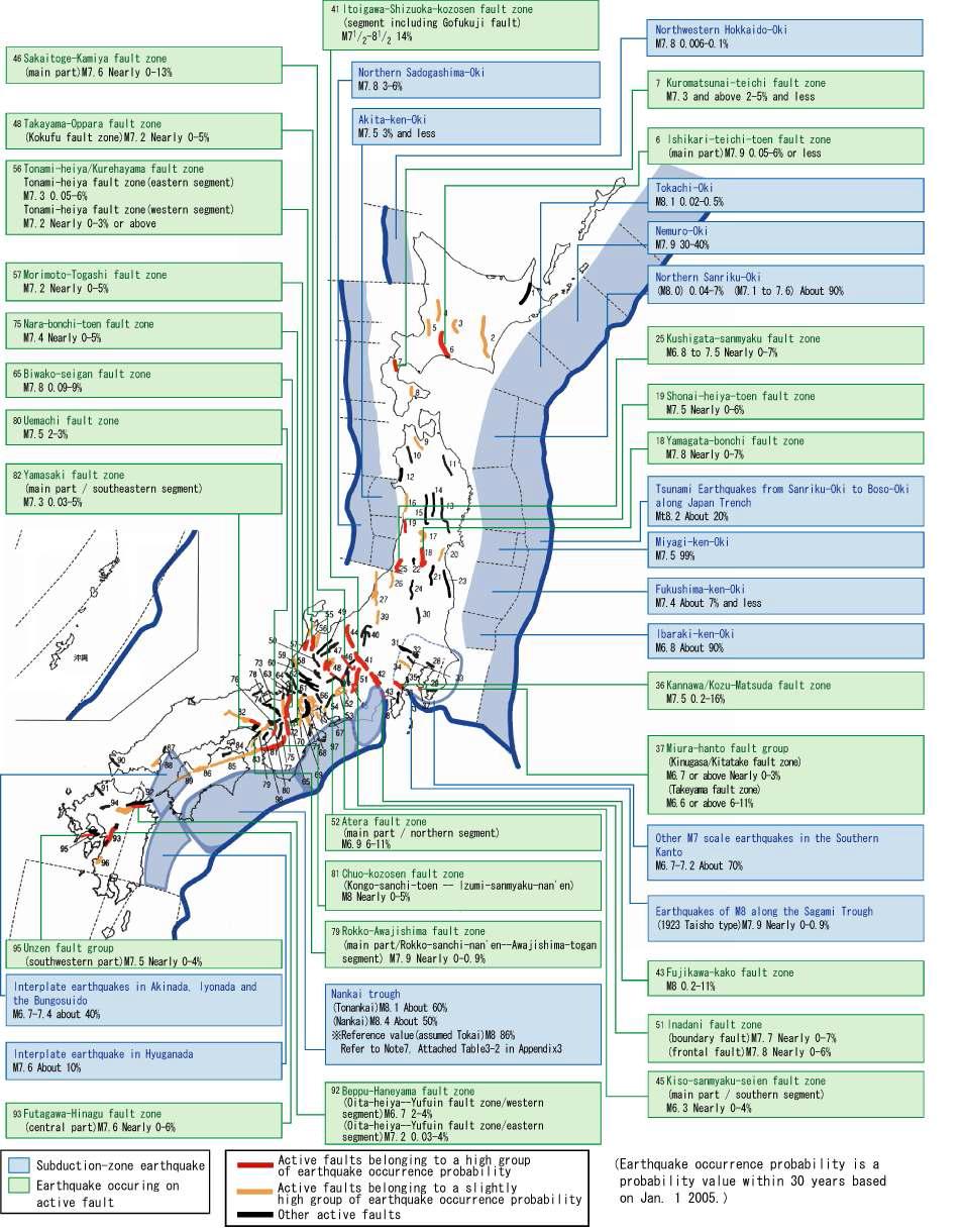 장기 연구 결과 98곳의 주요활성단층 지역과 subduction-zone 지진지역 지도