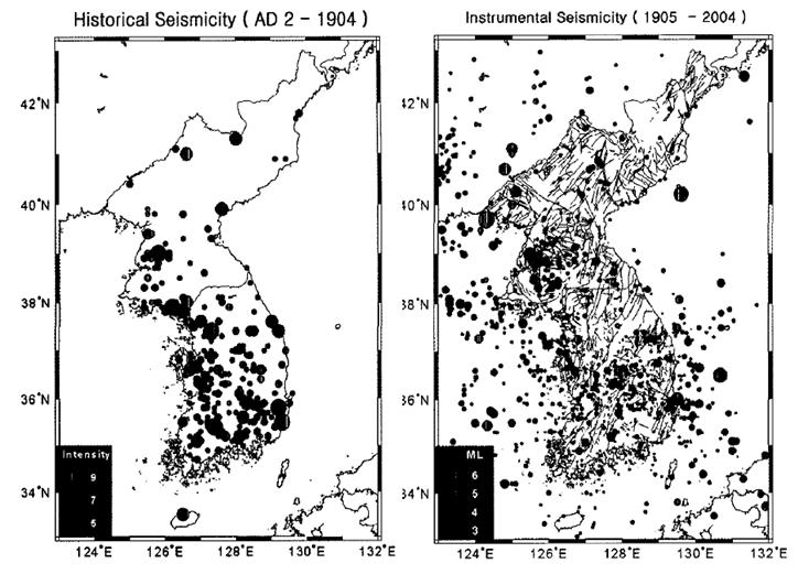 계기관측 이전과 이후의 한반도 지진발생 관측 분포도