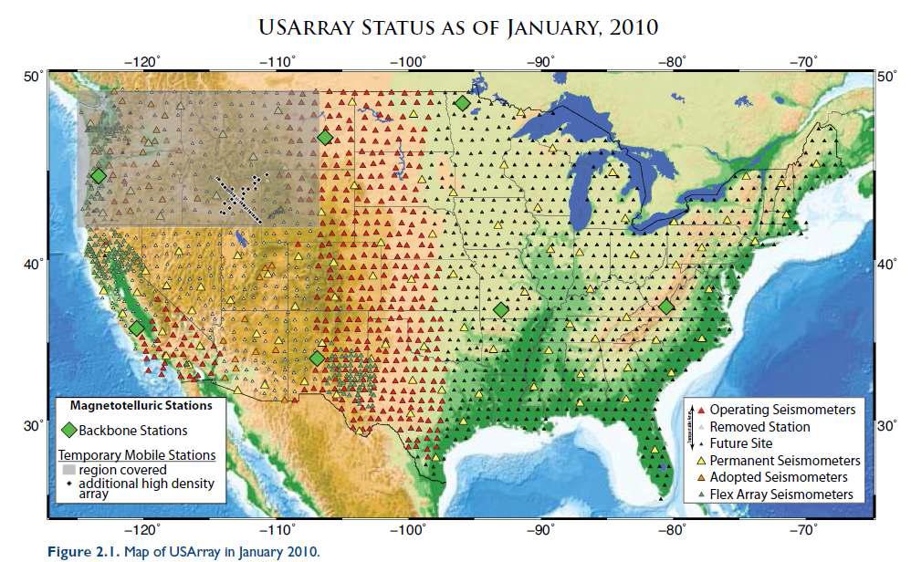 EarthScope USArray 관측망의 분포도.