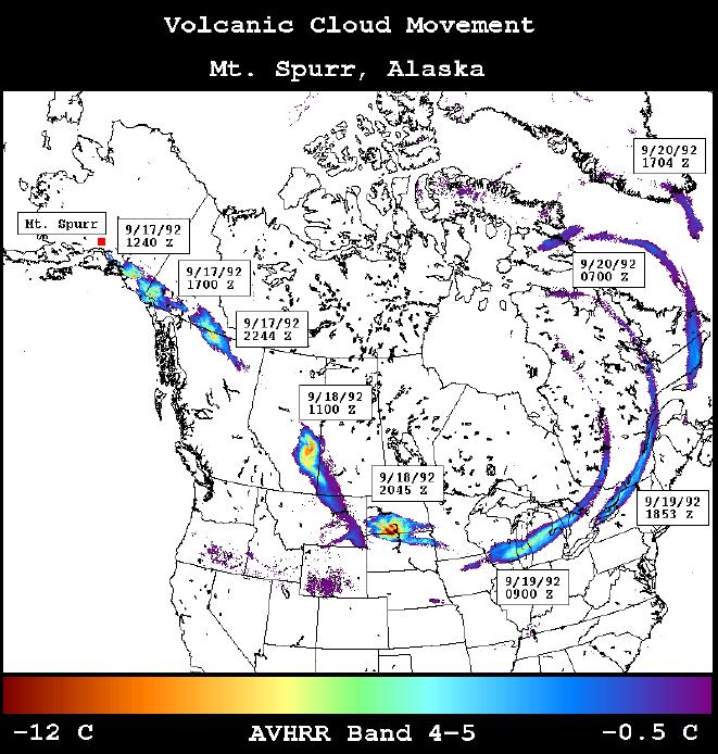 AVHRR B4-B5 composite image showing the ash cloud signature for the September 17 eruption of Spurr Volcano in southern Alaska as it moves across the United States on the days following the eruption.