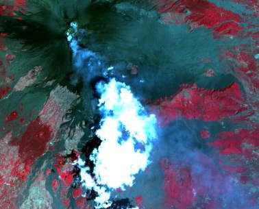 A false color composite of the three ASTER VNIR channels showing the 29 July 2001 summit eruption of Mt. Etna.