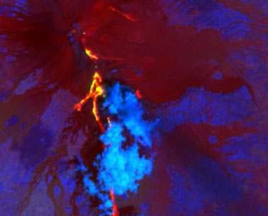 A false color composite of the three ASTER SWIR channels showing the 29 July 2001 summit eruption of Mt. Etna.