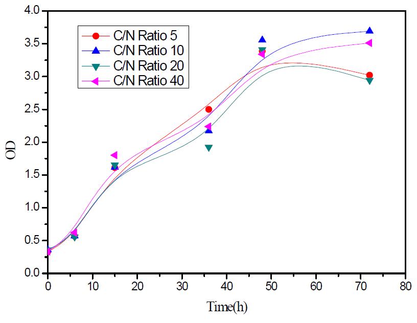 Time courses of OD (600 nm) with various C/N ratios