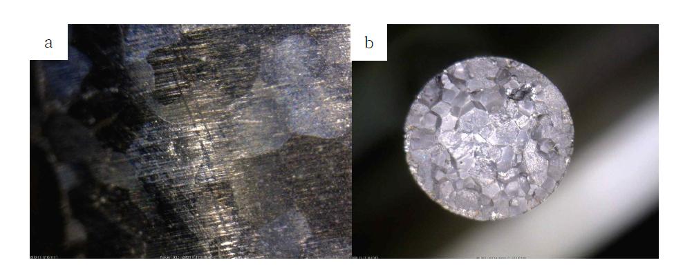 어닐링 열처리 후 로냉: (a) 선재표면의 사진, (b) 냉간 인발 가공시 발생된 파단면