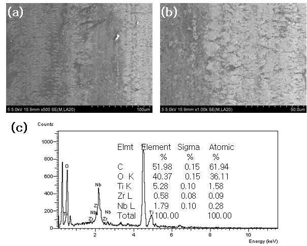 0.7 mm 신선 가공한 Ti-29Nb-5Zr 합금 와이어 표면분석: (a) x500; (b) x1.0k; (d) EDS 성분분석