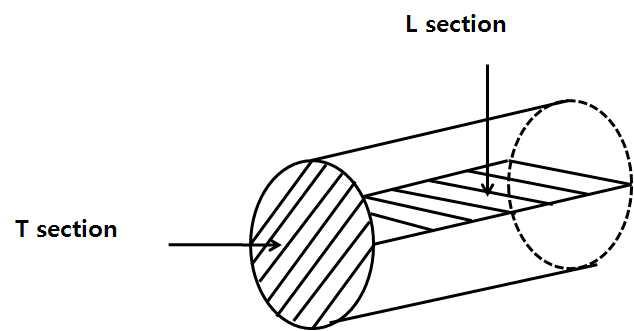 제조된 와이어의 drawing 방향에 따른 표면 분석의 모식도: (L section) 가공방향 절단; (T section) 가공 수직방향 절단