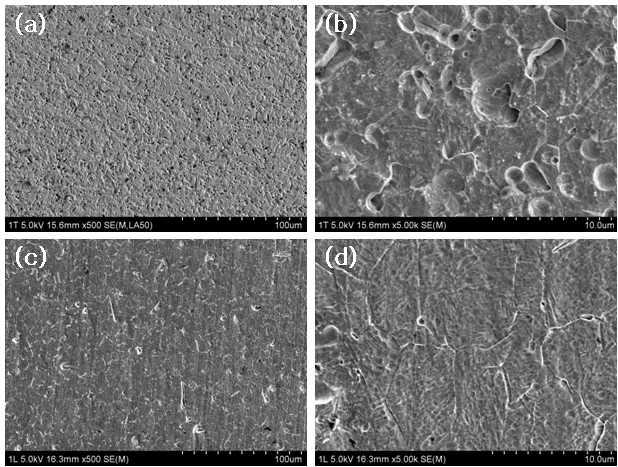 0.7 mm 와이어 가공된 Ti-29Nb-5Zr 합금의 가공 방향에 따른 미세조직: (a) x500 T section; (b) x5k T section; (c) x500 T section; (d) x5k L section