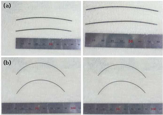 인장 및 loading-unloading 시험에 사용된 Ti-29Nb-5Zr 와이어 시편의 예: (a) 1.25 mm; (b) 0.55 mm