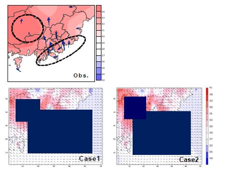그림 78. 2006년 8월 7일 15:00 LST, 기온과 바람의 관측값과 모델값의 공간 분포