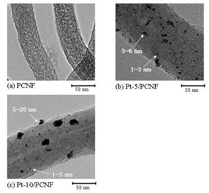 그림 34. 금속 나노입자가 도입된 다공성 탄소나노섬유의 TEM 사진