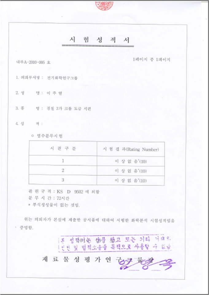 그림 3-87. 시험 성적서(3가 크롬도금층 염수분무시험)