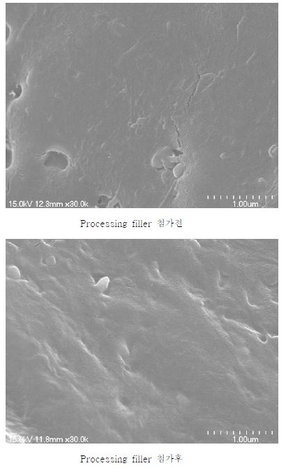 Processing filler 유무에 따른 코팅막 morphology (30,000배)