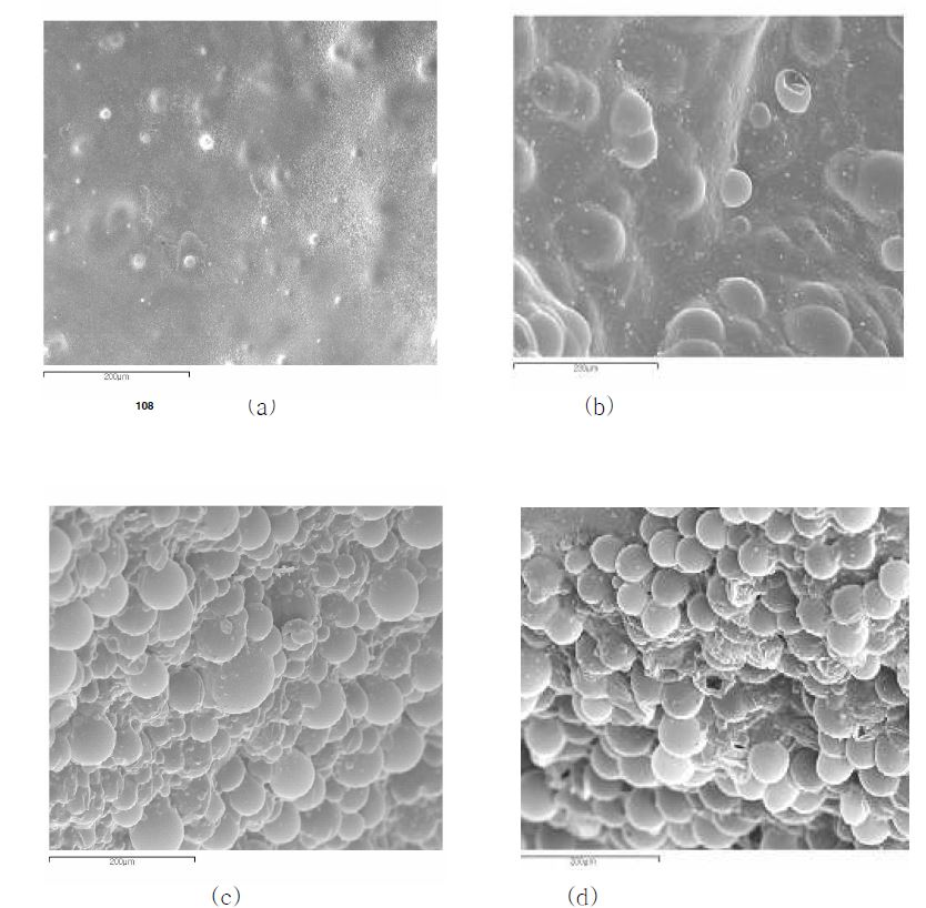 Microwave 처리시간에 따른 해체성 접착제 표면의 SEM images (접착제 : DA-HS25, (a) untreated (b) microwave, 2min (c) microwave, 3min (d) microwave, 4min)