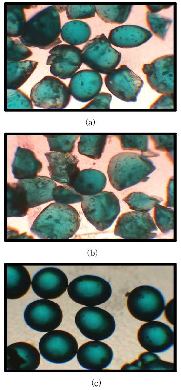 그림 3-36. Sizes and Shapes of the MIP particles prepared with different concentration of the HEC stabilizer ; (a) 5wt%, (b) 6wt%, (c) 7wt% - S/M 비율 : 3.50 (RPM: 250)