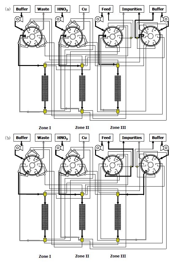 그림 3-57. Schematic diagram of (1-1-1) SMB. (a) loading step, and (b) Washing step