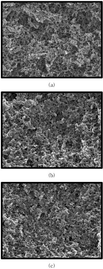 그림 3-84. Interior structure of Cu(Ⅱ)-MIP prepared at different polymerization temperature; (a)70℃, (b)80℃, and (c)90℃, respectively.