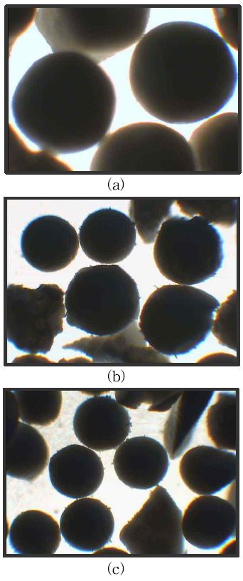 그림 3-112. The effect of toluene fraction on the sizes and shapes of Na-MIP. (a) 10ml (b) 15ml (c) 20ml