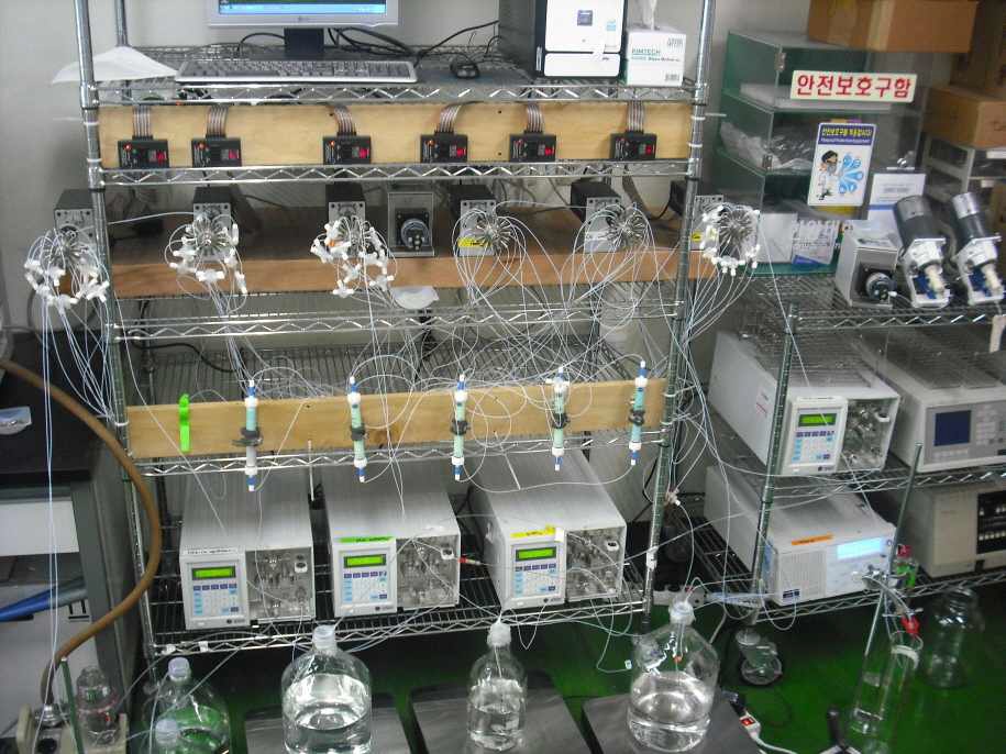 그림 3-124. Picture of four-zone MIP-SMB equipment. (1), (2), (3), and (5) Younglin SP 930D pump, (4) Series 200 Perkin-Elmer pump, (6) DDW and 0.05M magnesium acetate solution for re-equilibration, (7) 0.1M HNO3 solution for regeneration, (8) DDW for washing, (9) Feed mixture, (10) MIP columns, (11) ST valves from VICI valco Instruments. Co., and (12) LabVIEW 8.0 software from