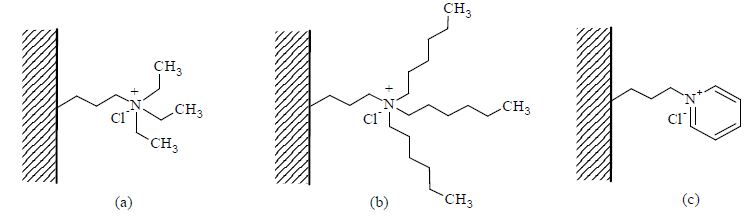 Fig. 1-15. The structure of immobilized ionic liquid. (a) TEA, (b) THA, (C) PYD.