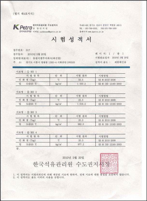 Result of Physical properties Test(DOI 1～4)